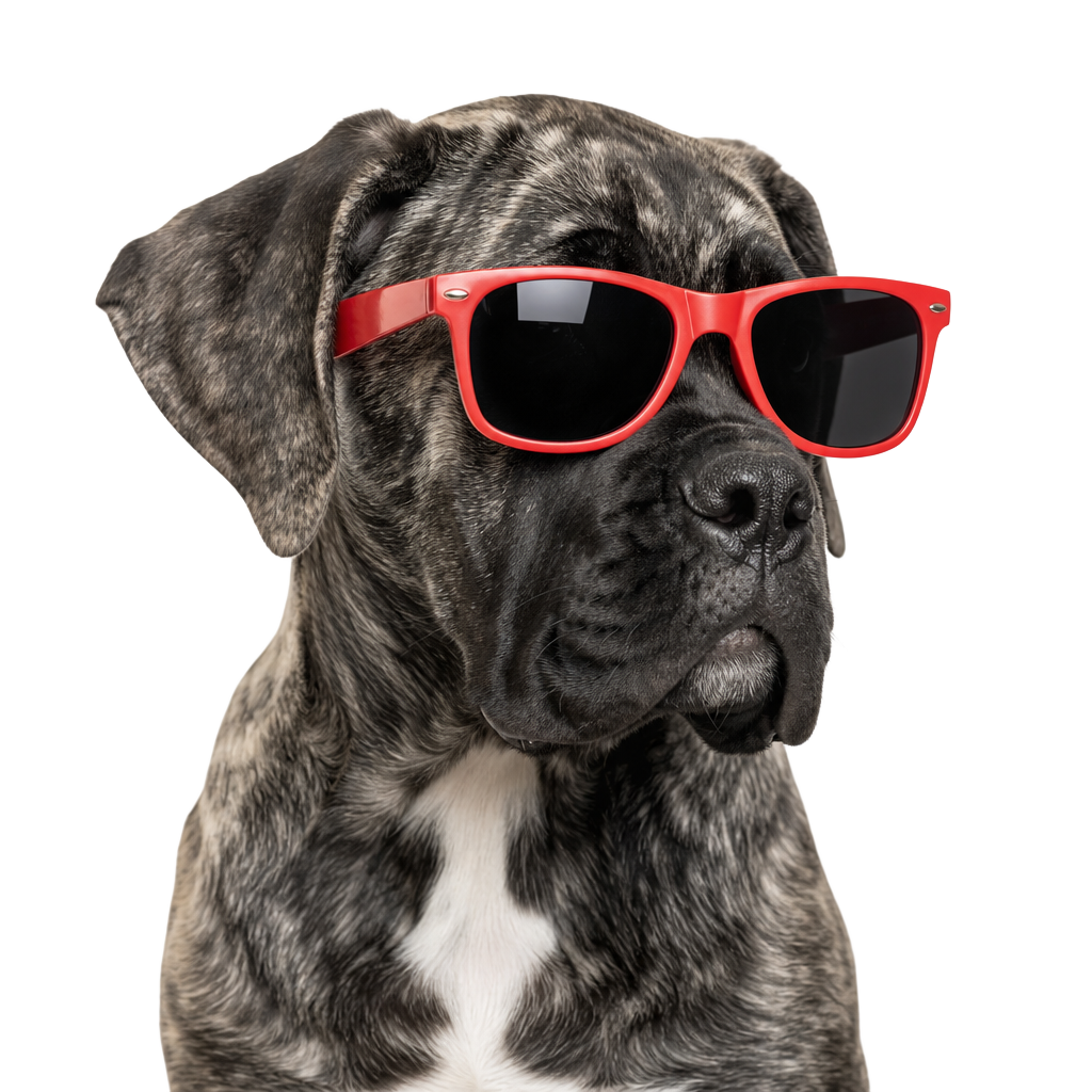 Molly, a brindle mastiff puppy in red sunglasses